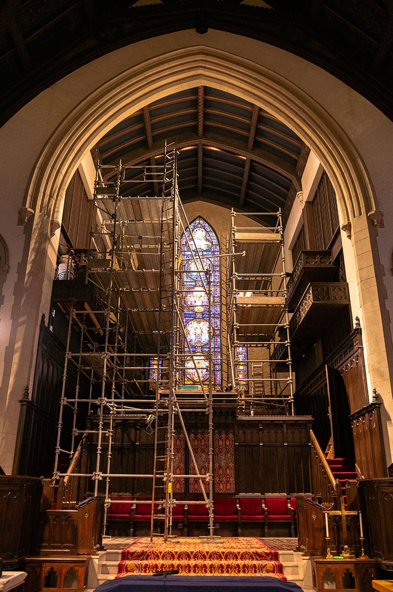 Westminster Presbyterian structural stabilization as seen from the aisle in front of the stained glass